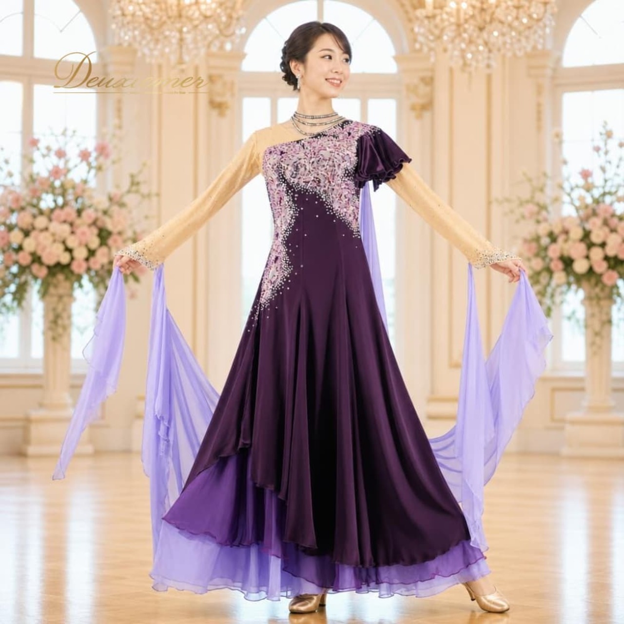 社交ダンス 衣装 TSUKIOKA ツキオカ ドレス ワンピース スタンダード パープル系 紫 フロート レース デモ 競技 ダンス パーティ 発表会 落ち感 華やか レディース 上品