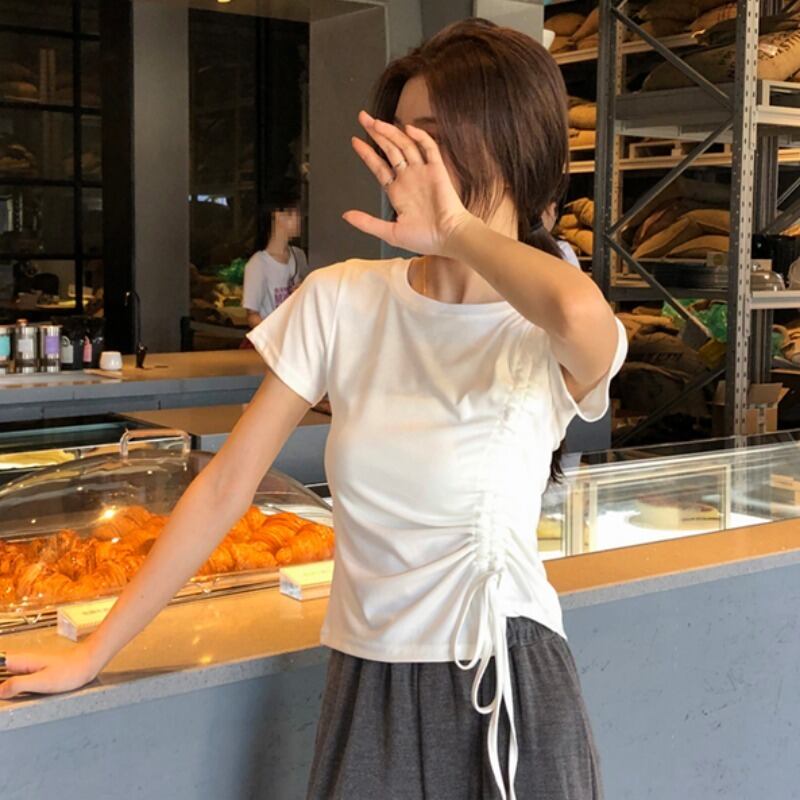 ホワイトスリムTシャツ シャツ スプリングオータムスタイルギャザートップス 半袖スリーブ ショート ハーフスリーブ 春物 秋物 1号婦人61251377504