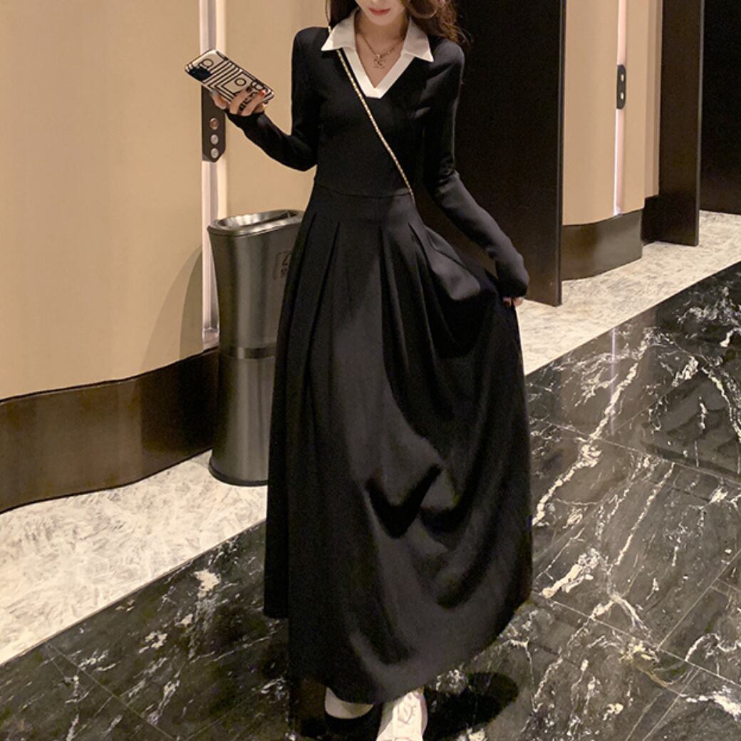 Black Flare Long Dress Contrast Collar 30022