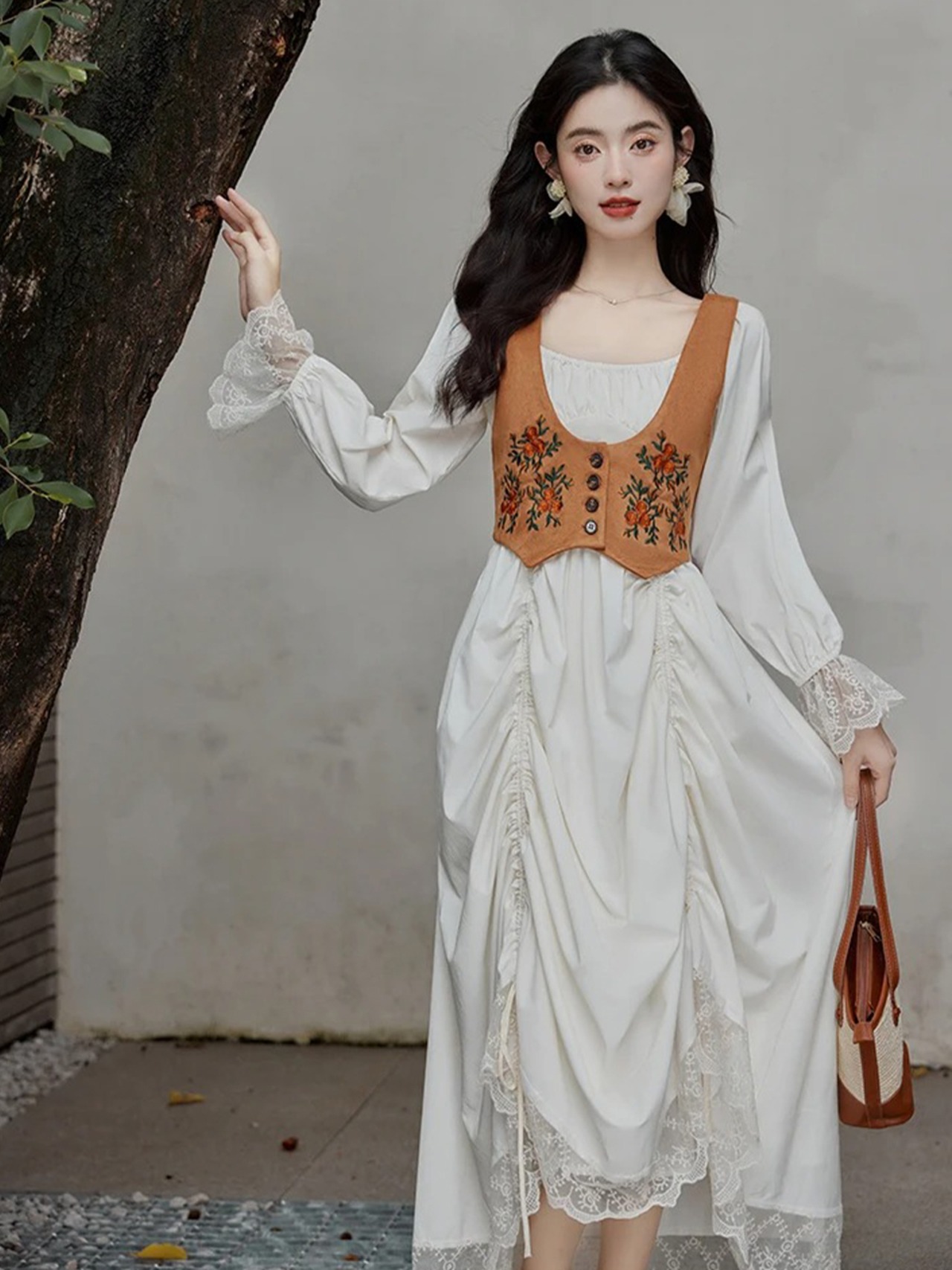 【0260】2set Lace Gathers Long Sleeve Dress