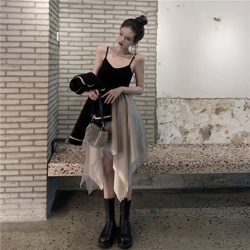 サマースタイルウェストスカート ソリッド カラーブラックドレス 夏物 ソリッドカラー ドラファッションホール15664611028