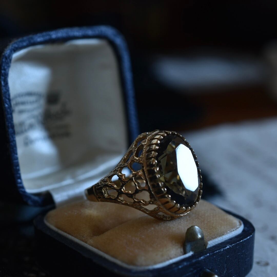 英国ヴィンテージ 1973年 9ctゴールド 天然スモーキークォーツの