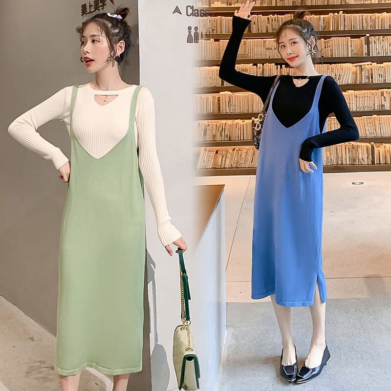 【新作】【送料無料】 マタニティドレス2019秋冬バージョンのマタニティドレス、ニットボトム長袖+ファッションサスペンダースカートツーピース-アリババ ロング オータム 秋物 ウィンター 冬物 expec218941012714