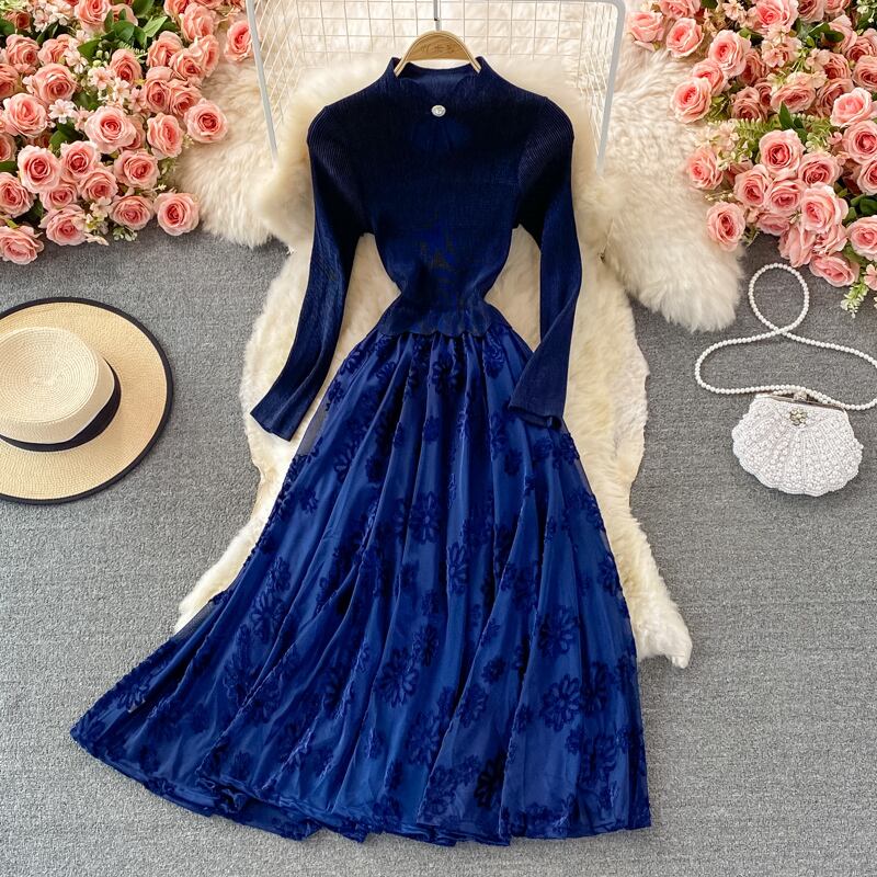 ドレス パーティードレス Aライン スカラップネック 七分袖 ロング丈 パーティー 二次会 結婚式 セレモニー 花柄 ウエストリボン エレガント フレ