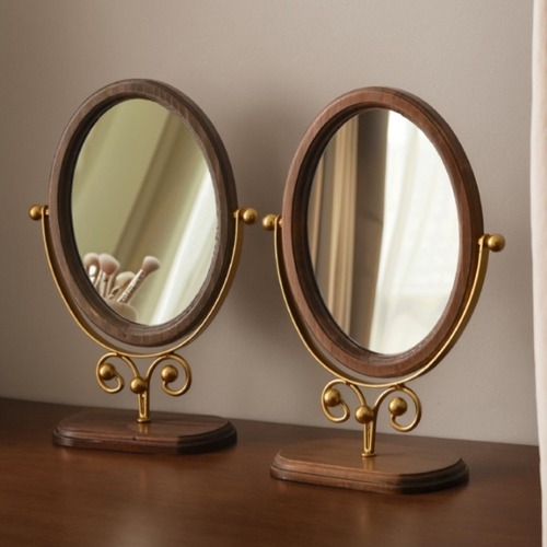 天然木 オーバル 卓上ミラー アイアンスタンド 角度調整 回転式 化粧鏡 バニティミラー 楕円 ウッドフレーム ナチュラル アンティーク調