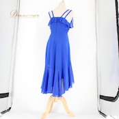 社交ダンス 衣装 スタンダード ラテン ドレス ワンピース レッスンウェア パーティドレス PAPILLON パピヨン 青 ブルー系 シンプル 上品 レッスン用 コスチューム 女性用 衣装 ドレス ビビッドカラー モダンフィーリング 上品デザイン 躍動感 108cm丈 Mサイズ パーティー用 可愛いフリル フロアロング 体型カバー 伸縮性無し ポリエステル製 クラシックスタイル ダンスウェア