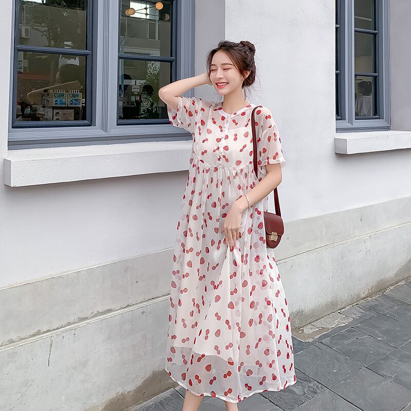 【新作】【送料無料】 マタニティドレス2020夏の新しいシフォンストロベリープリントルーズドレス小さな新鮮なミドル丈のマタニティドレス-アリババ サマー 夏物 expec269709609207