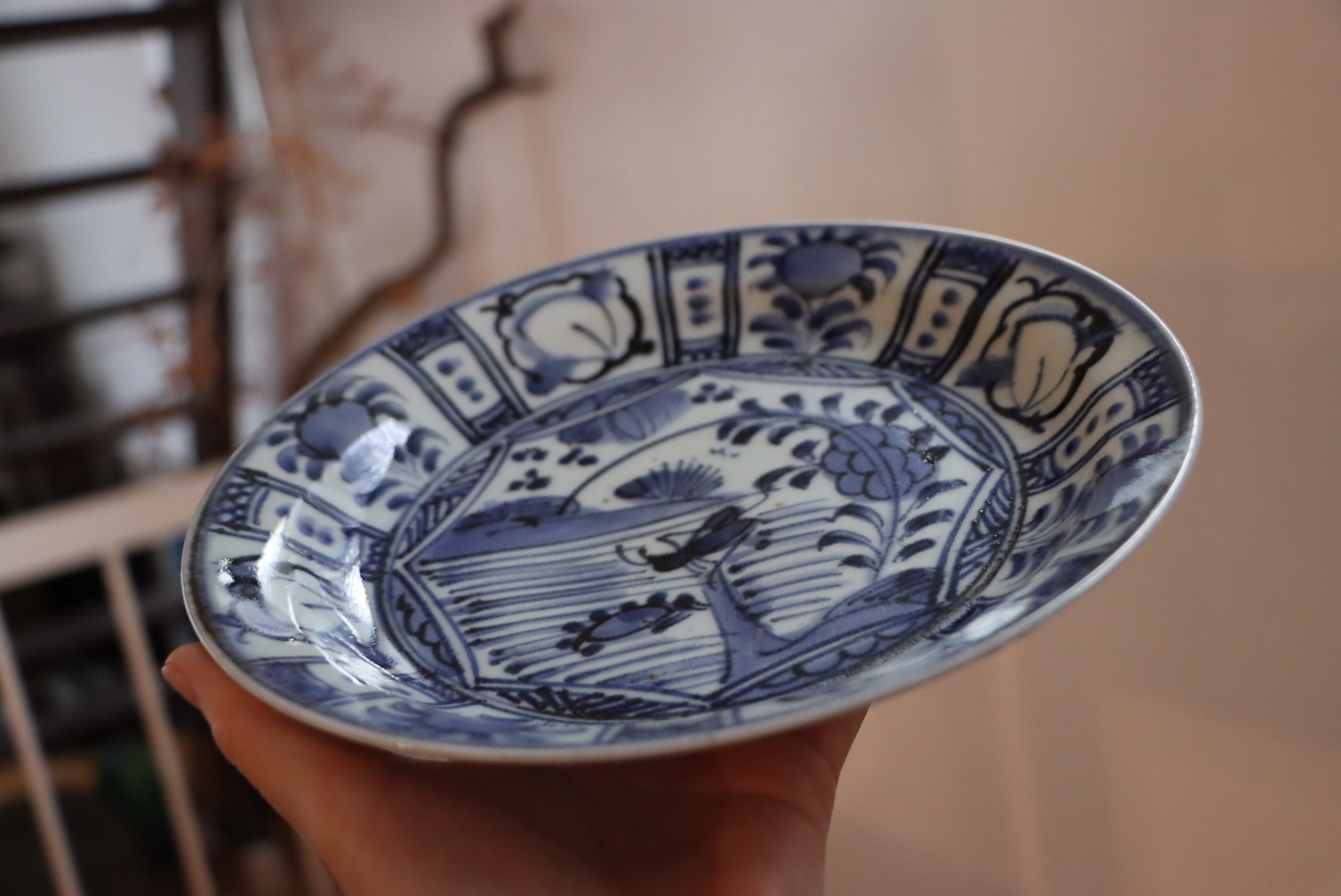 染付 芙蓉手 バッタ文 中皿 七寸/Blue and white medium size plate