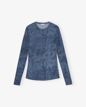 【GANNI】BLUE PRINTED MESH LONG SLEEVE BLOUSE