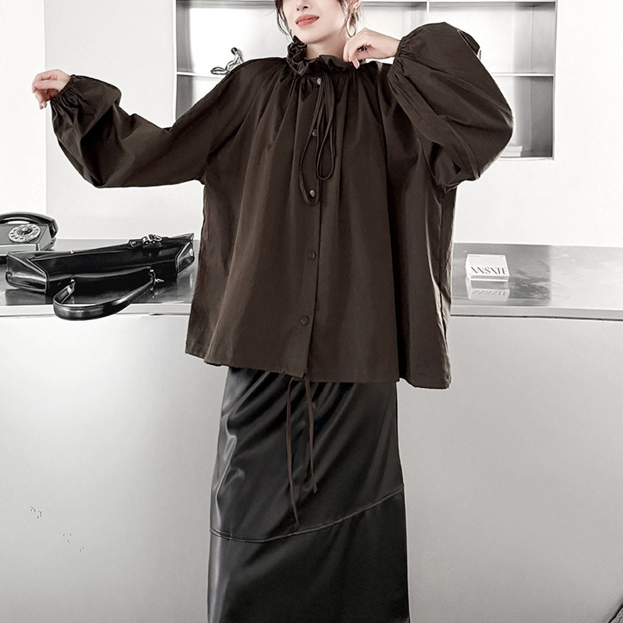RUFFLED STAND COLLAR BALLOON SLEEVE JACKET M-18114