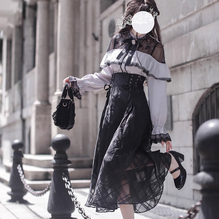 クラロリ スカート コルセット風 チェック フレアスカート 黒白 レース 胡桃木 ロリィタ