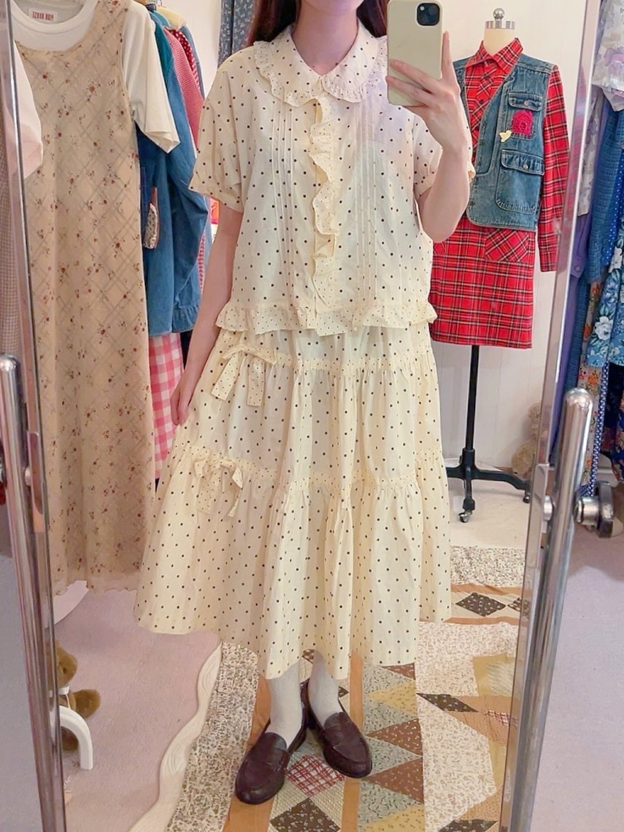 cream brown dot blouse & skirt set up