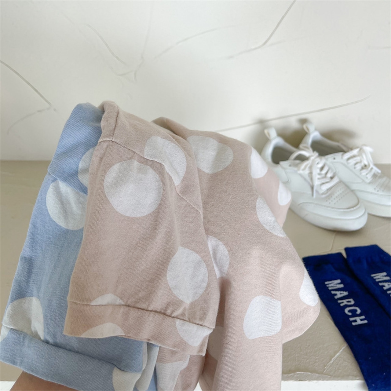 夏リネン水玉柄ゆったり半袖Tシャツ