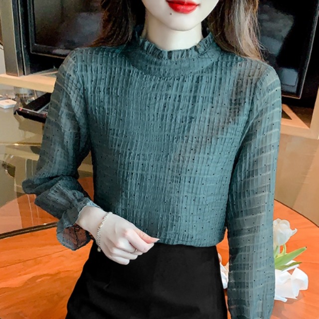 【送料無料】 ブラウス 20代 30代 40代 女性用 レディース トップス 長袖 クルーネック Aライン フレア プルオーバー フリル 異素材切り替え ドッキング 透け感 シースルー 薄手生地 無地 かわいい 大人可愛い 大人女子 こなれ感 シンプル カジュアル 大人 上品 おしゃれ お洒落 ラフ コンサバ エレガント シック デート お出かけ お茶会 女子会 休日 授業参観 OL 通勤 オフィス ビジネス 二次会 秋 着回し ファッション 楽ちん 定番アイテム 着痩せ 垢抜け グリーン