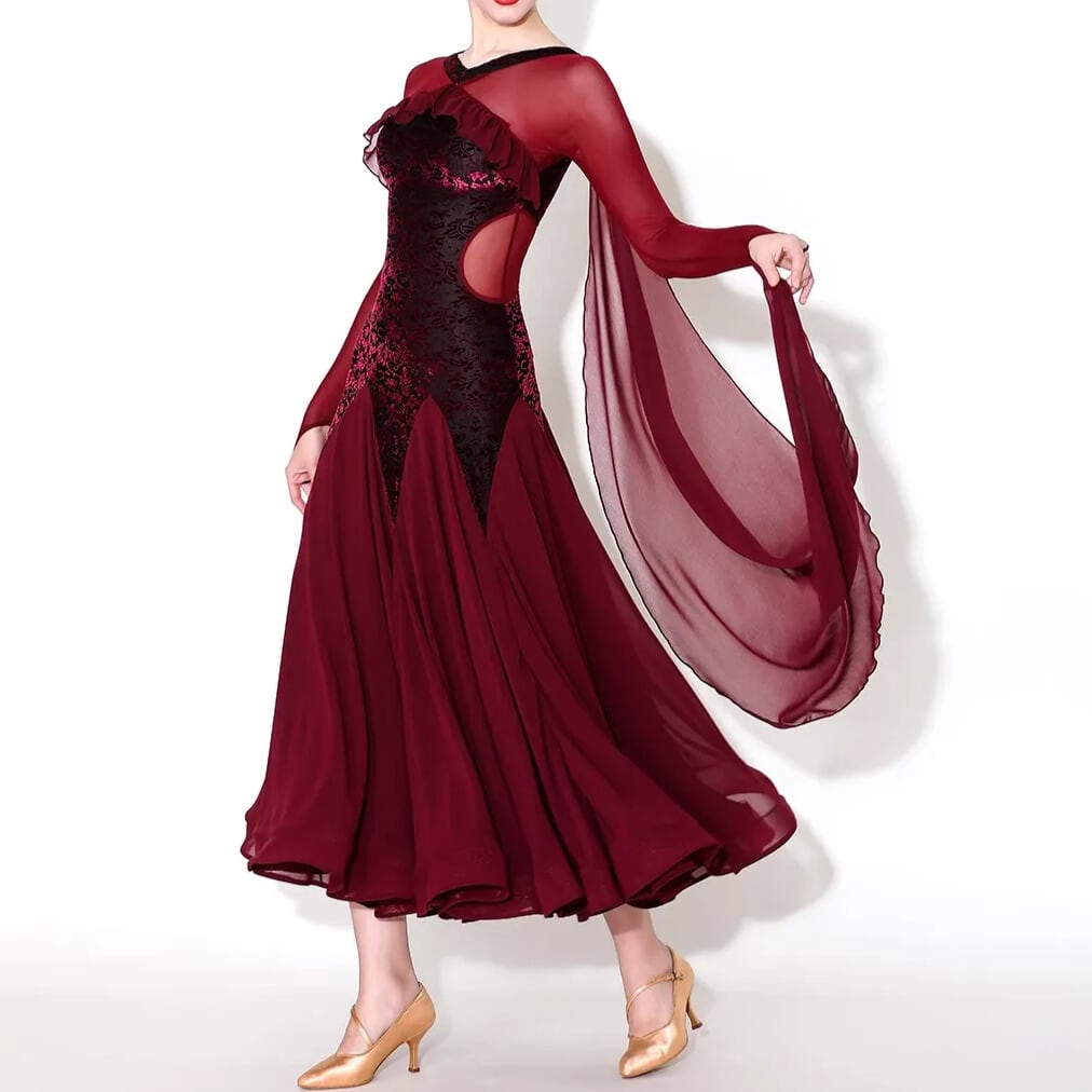 ロングスリーブ ウエストカットデザイン フレア ダンスドレス ds1114