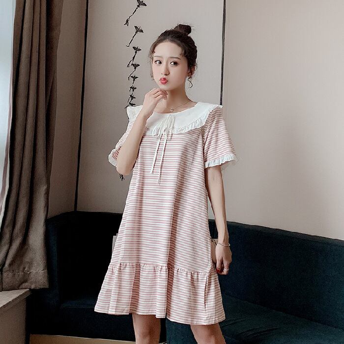 【新作】【送料無料】 マタニティドレス2020夏の新しいストライプラペル人形ドレスミドル丈ドレス妊婦-アリババ サマー 夏物 expec28822731075