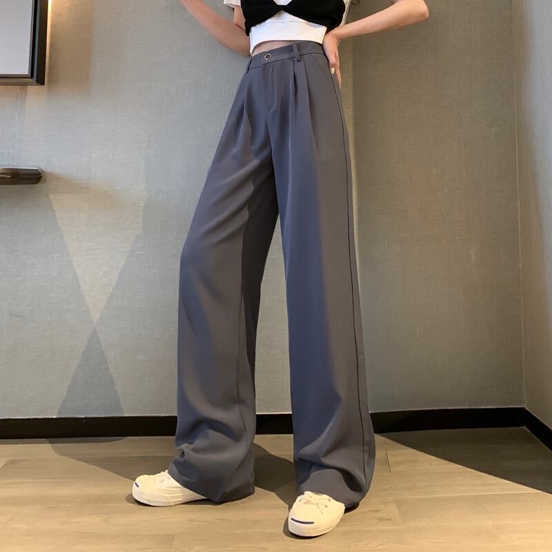 ワイドレッグパンツ オータムサマーハイウェストウェストルーズ薄手ブラック 夏物 秋物 ワイドパンツ ハンチェンe12595033970