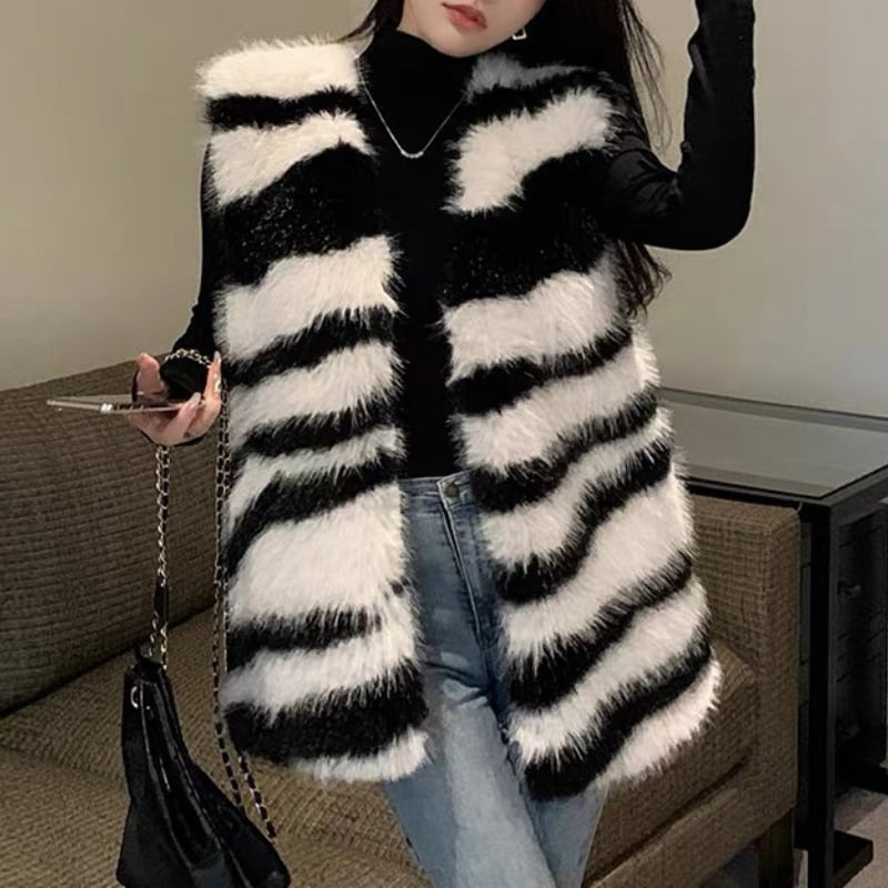 zebra faux fur long vest la2463