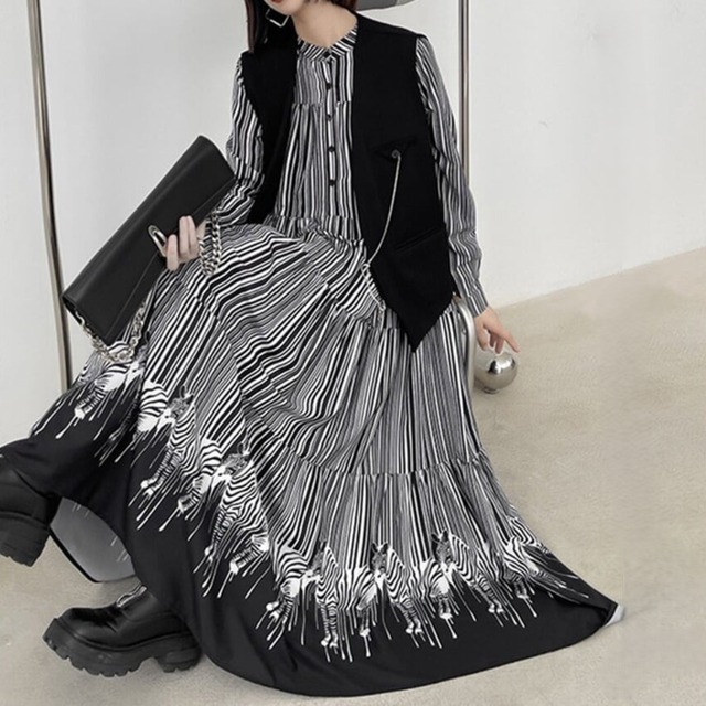 Tiered Stripe A-Line Long Dress / ティアード ストライプ Aライン ロング ドレス ワンピース
