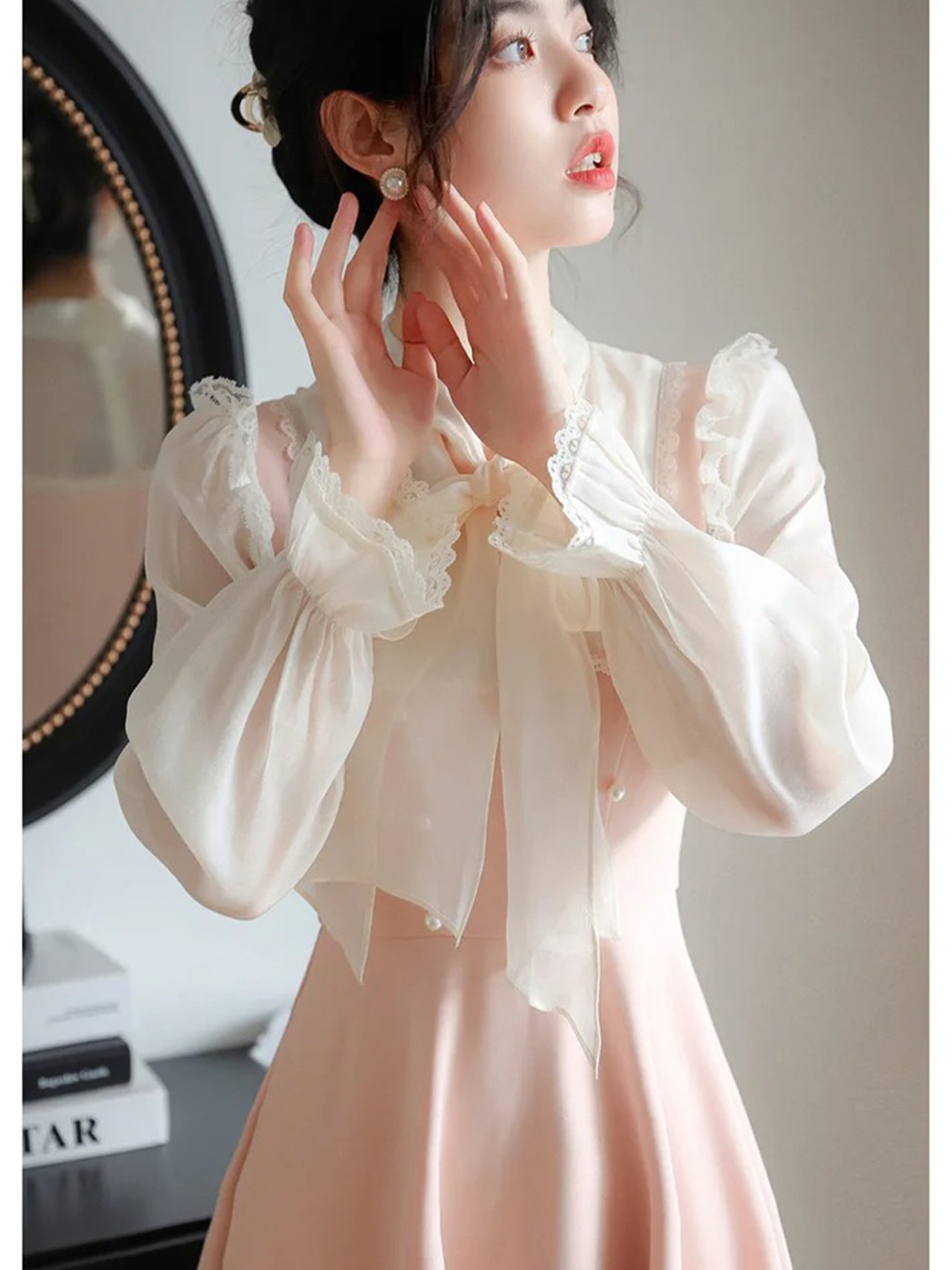 【0256】Bow Tie Ribbon Flare Long Sleeve Dress
