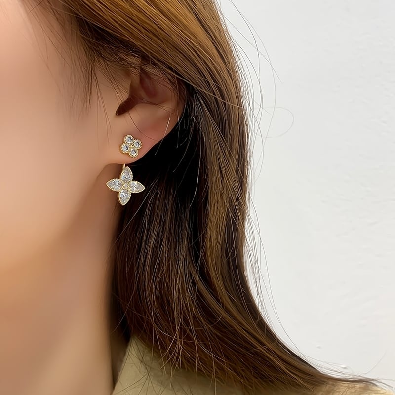 S925 zirconia 2way clover back catch pierce ジルコニアクローバー ...