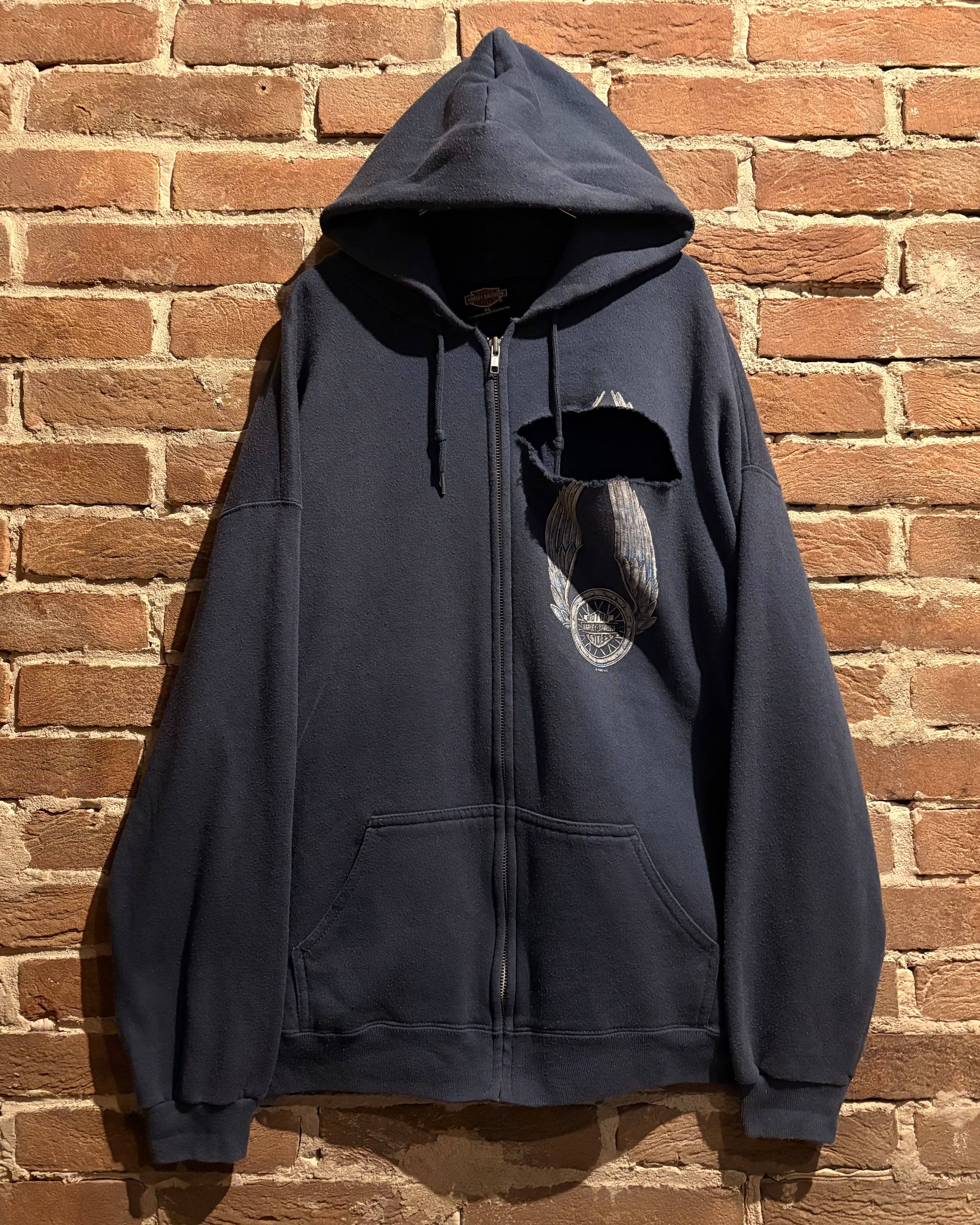 Caka act3】90's “Harley-Davidson” Destroyed Vintage Zip Up Hoodie