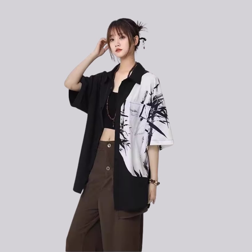 サブカル 服 地雷系 通販 半袖シャツ チャイナ風 ユニセックス レトロ プリント柄