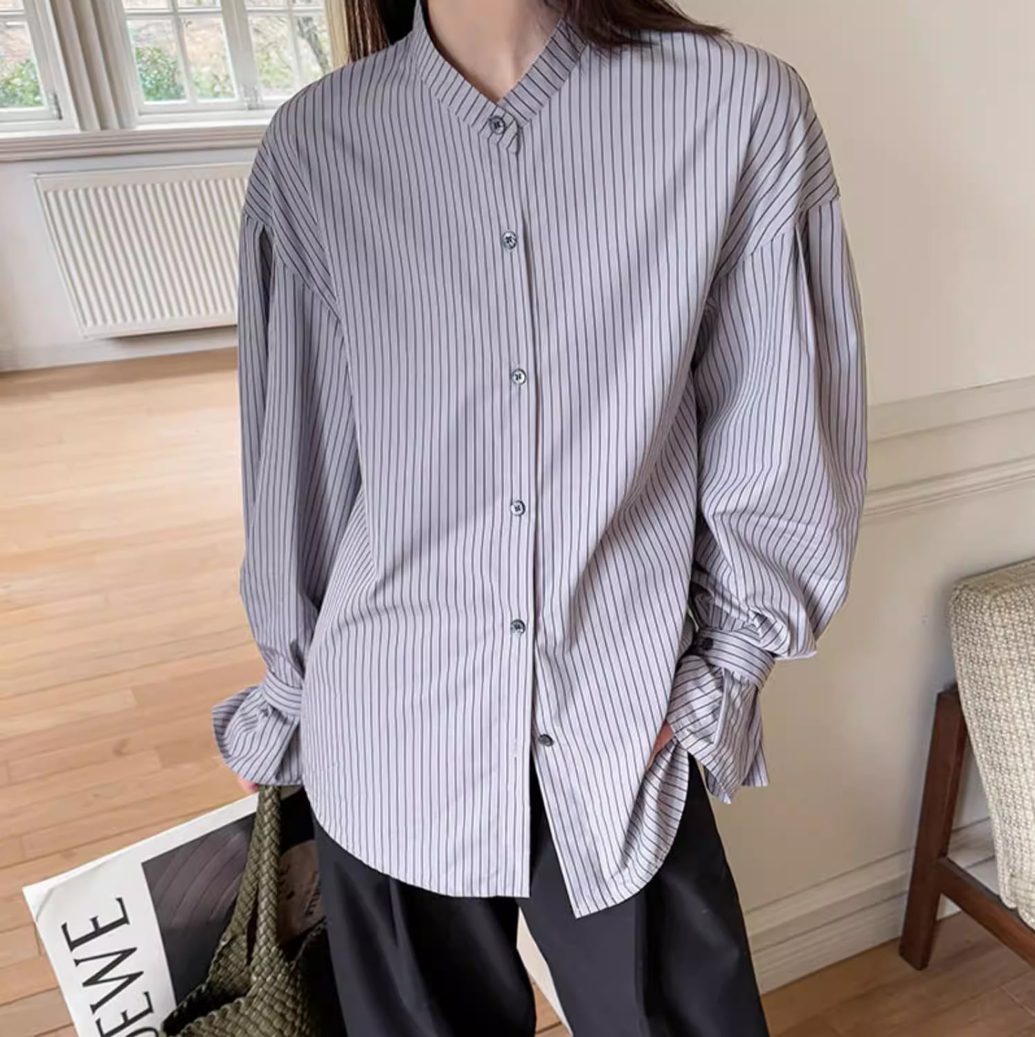 stand collar stripe shirt 14215