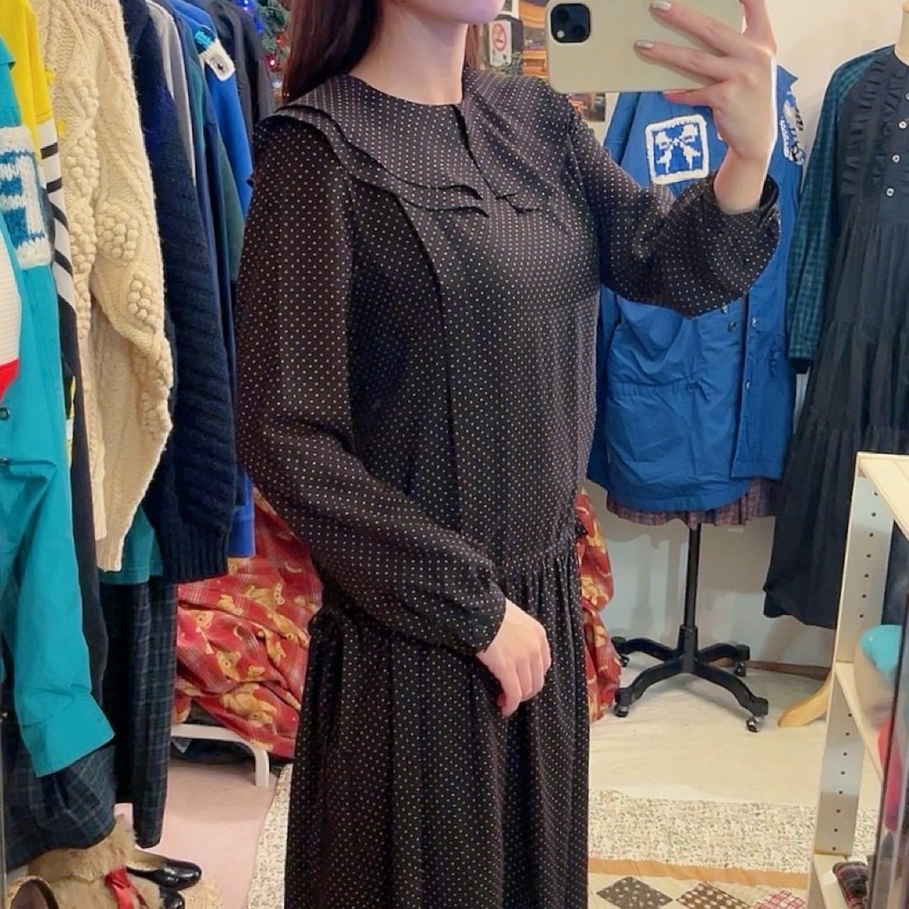 orange pin dot frill collar one-piece