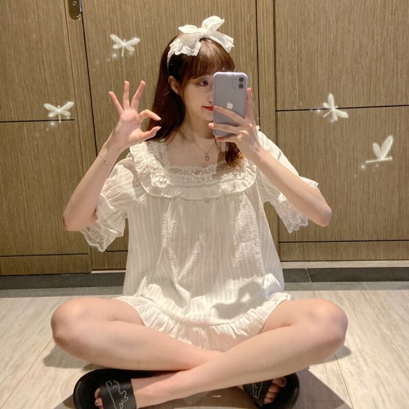 2020年夏の新作レディーススウィートレーススクエアカラーキュートな半袖ホームサービスパジャマセットツーピース 1号婦人67342986614