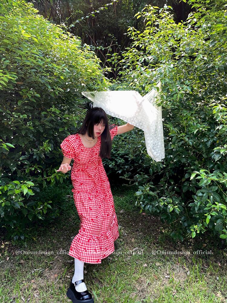 レースプリーツ格子柄ドレス サマースタイルスリーブスカート 大人ガーリー スウィート キュート カジュアル 夏物 ビッグFスモールZ韓国25903465235