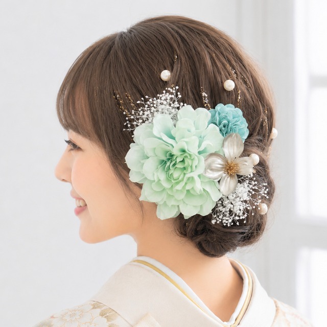 A365 ダリア　ミントグリーン ドライフラワー　髪飾り　卒業式　袴　成人式　振袖　結婚式　和装