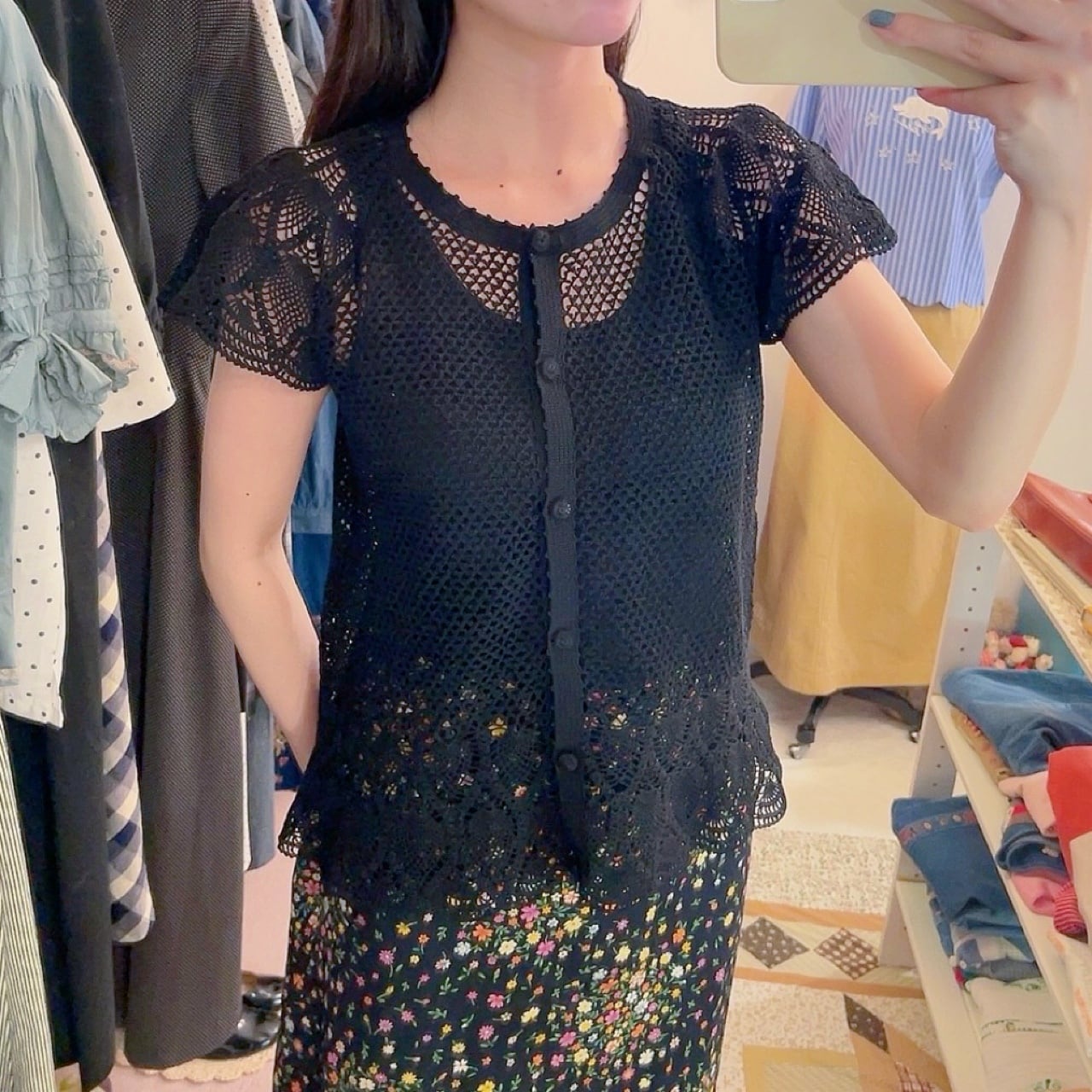 black cotton mesh knit cardigan