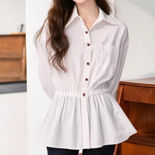 ピンストライプギャザーウエストペプラムシャツ ・75878