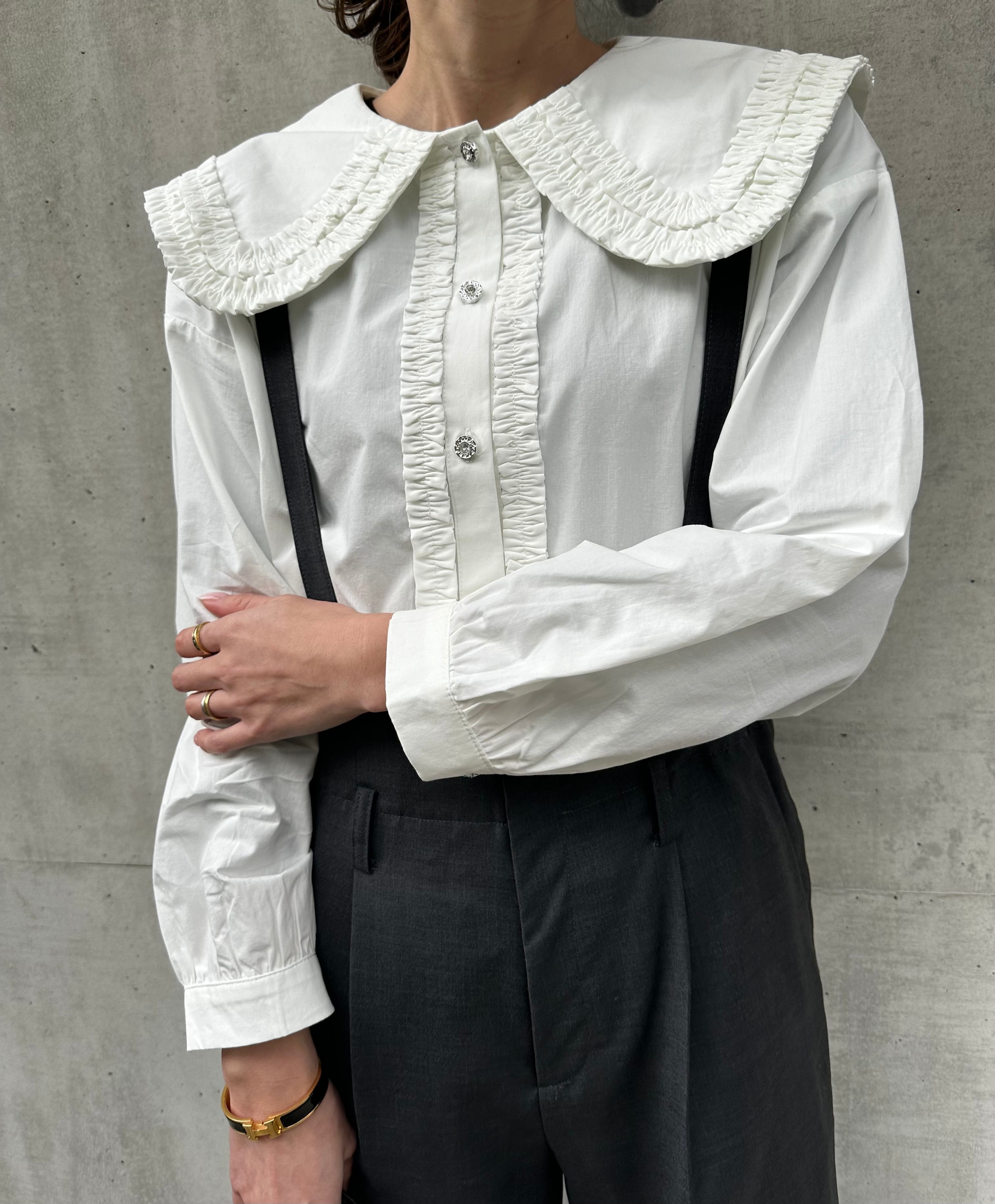 ビジューボタンフリルカラーシャツ