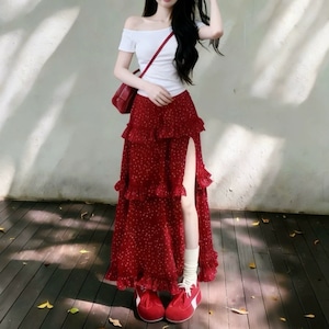 【2点セット】オフショルTシャツ+ティアードフリルスリットマキシスカート ・78073 【2点セット】オフショルTシャツ+ティアードフリルスリットマキシスカート ・78073