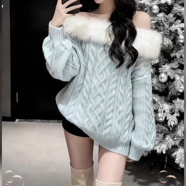 ファーオフショルケーブルニットワンピ3色