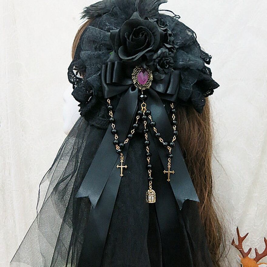 サブカル 服 地雷系 通販 ロリータ ヘアドレス 黒ゴス ベール 十字架チェーン 闇かわいい