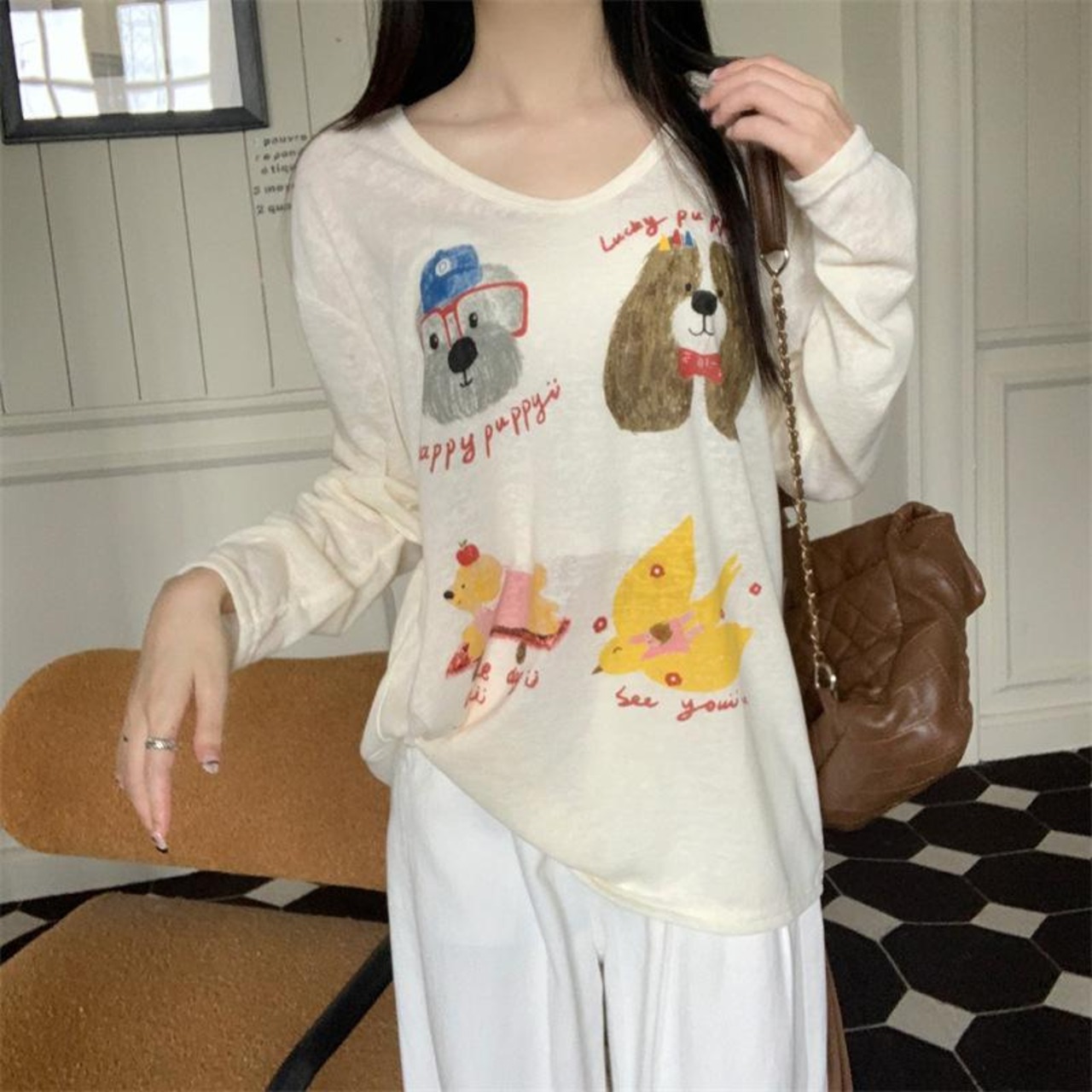 レディース 長袖 Tシャツ ユニーク プリント 薄手 UVカット トップス 
