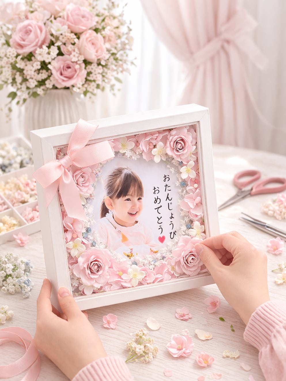 ことばの花束フラワーフレーム 【HGF-003】縦横21㎝│名入れ対応｜ 木枠両面ガラス｜誕生日│記念日のギフト│