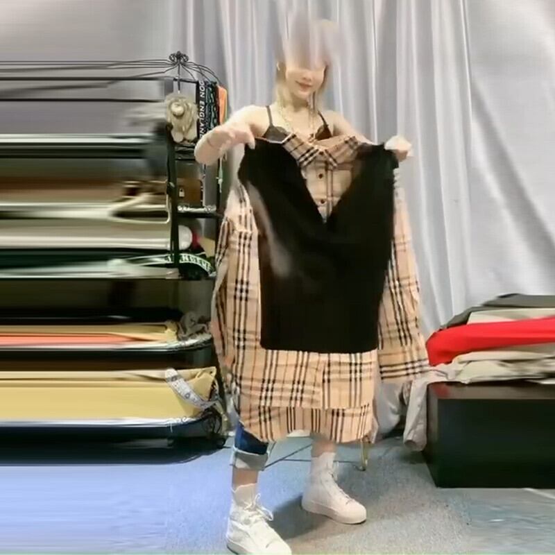 オータム格子柄シャツ ツーピース薄手トップス 大きめサイズ 秋物 ミックスインファッション63000464542