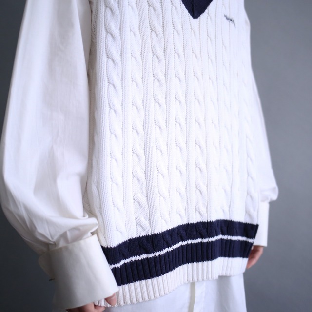 white v-neck children's cable knit vest