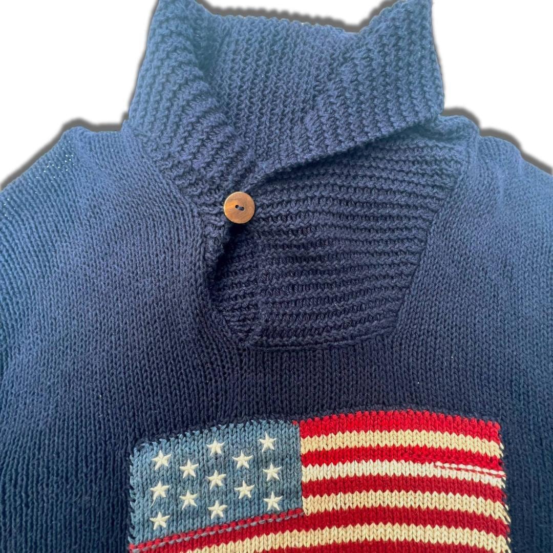 ポロ ラルフローレン リネン シルク混 フラッグセーター L ネイビー POLO Ralph Lauren ラルフ ショールカラー コットンセーター  ニット 90s 00s Y2K アメリカ国旗柄 星条旗柄