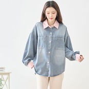 【SALE 15%OFF 4/5 10:00まで】TRUBE 配色アクセント長袖デニムシャツ【M~L】ピンク