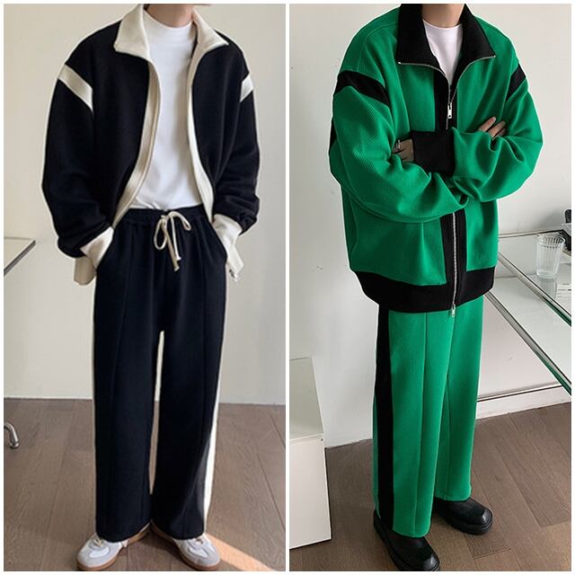 【予約販売】メンズ セットアップ 無地 バイカラー ライン ブラック グリーン ツートン スエット カジュアル モード きれいめ 男前 パンツ セット ジャージ ジム スポーティー ダンス ジム 韓国 トレンド 大きいサイズ M/L/XL/2XL/3XL