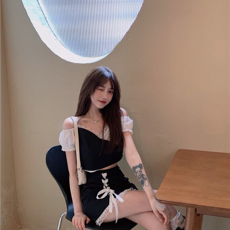 セクシーなレーススーツレディースファッションウエスタンスタイルトップ2020新気質ブラックスカートサマーツーピーススーツ ブラックストロベリース18108607242