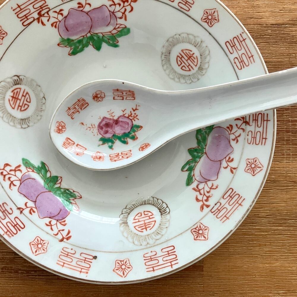 再入荷 ]レトロチャイナ皿｜桃とダブルハピネス 皿とレンゲのSet