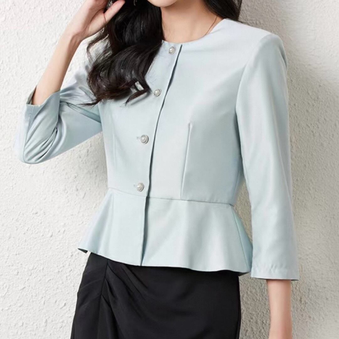 Light blue peplum bijou three quarter sleeve collarless jacket 00188