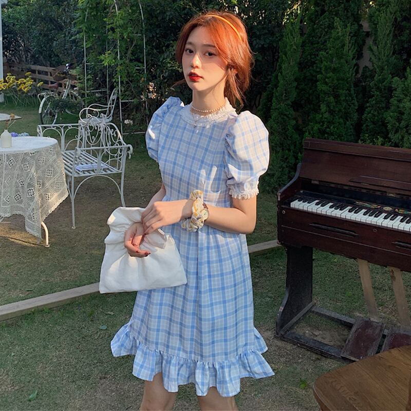 サマースタイルレース格子柄ドレス ウェスト薄手スカート 夏物 ステッチ 萌量不足31305266713