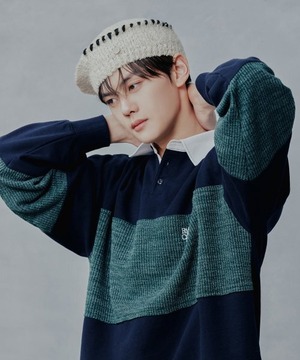 数量限定 トレカ付き★ZERABASEONE ハンユジン 着用!!【RMTCRW】SWEAT KNIT MIX RUGBY SHIRTS_NAVY